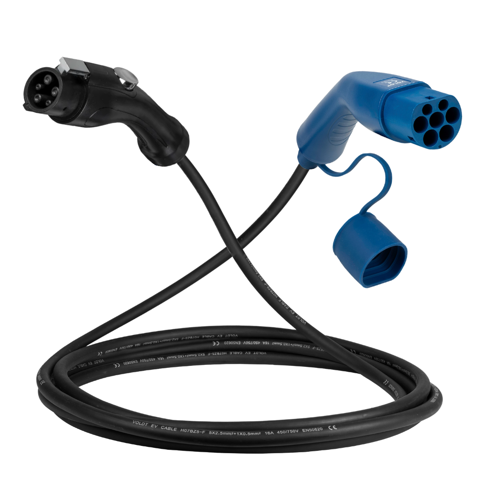 Type 1 - type 2 | 1 phase | 32a | 7.4kW câble de recharge