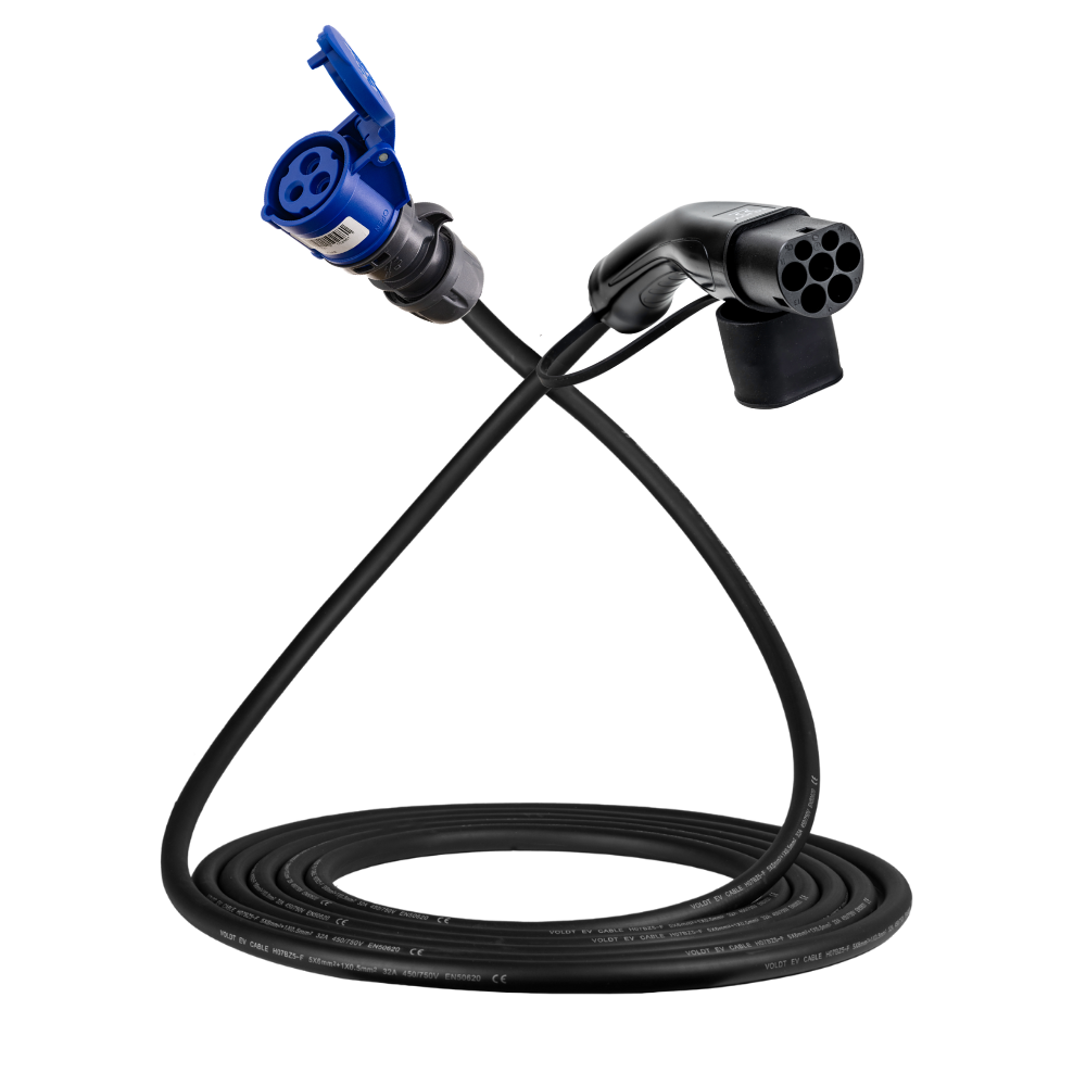 Câble adaptateur type 2 (côté station de charge) vers prise CEE bleue 32A à 3 pôles