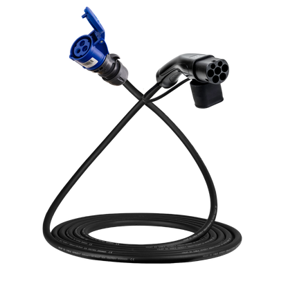 Câble adaptateur type 2 (côté station de charge) vers prise CEE bleue 32A à 3 pôles