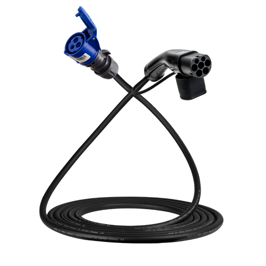 Câble adaptateur type 2 (côté station de charge) vers prise 16A CEE bleue 3 pôles 