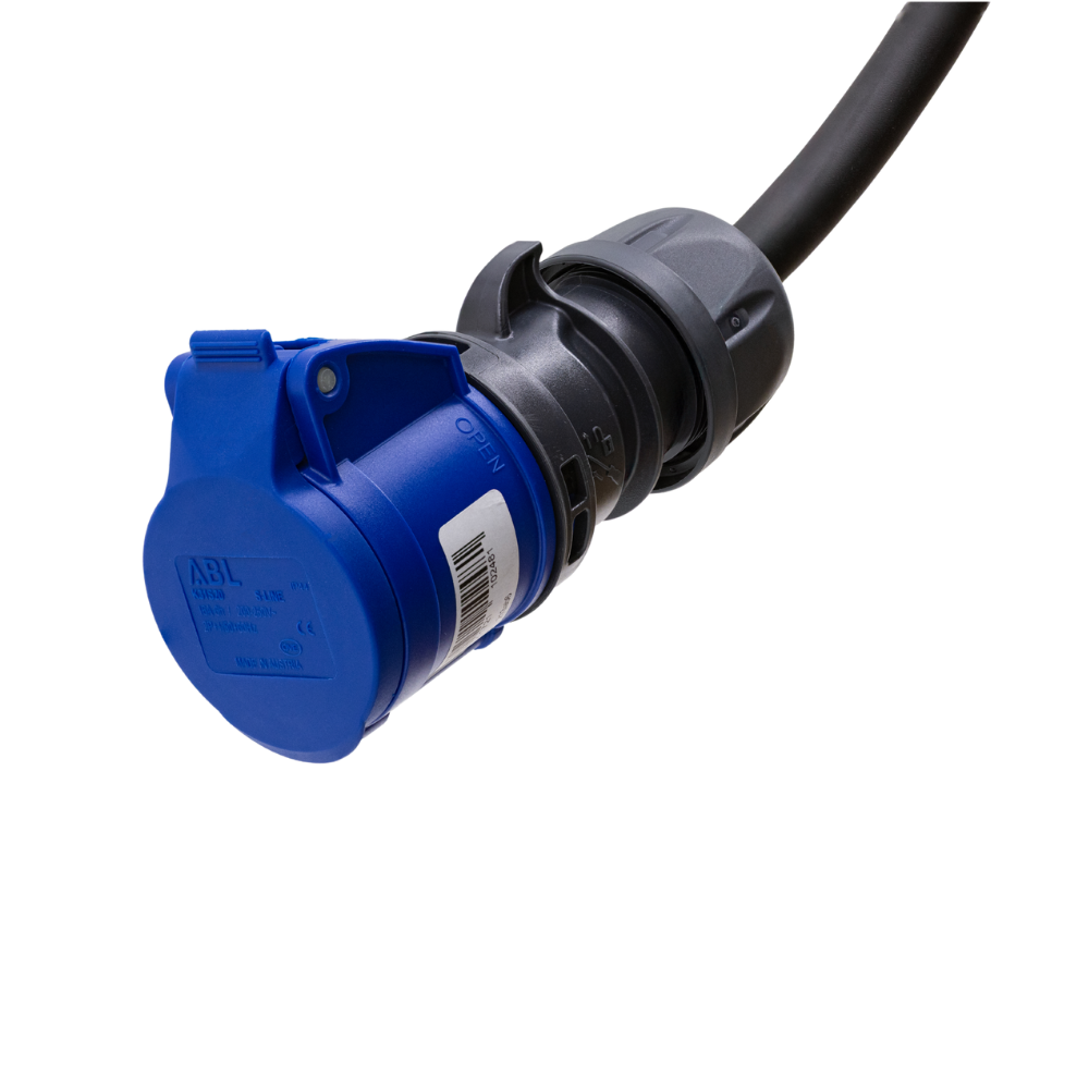 Câble adaptateur type 2 (côté station de charge) vers prise CEE bleue 32A à 3 pôles