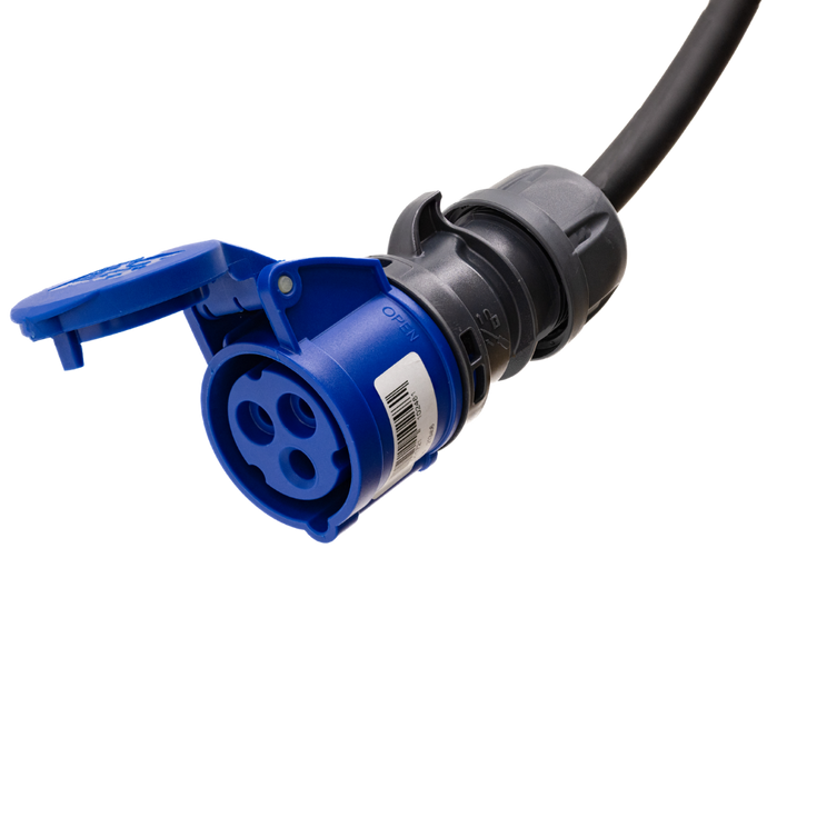 Câble adaptateur type 2 (côté station de charge) vers prise CEE bleue 32A à 3 pôles