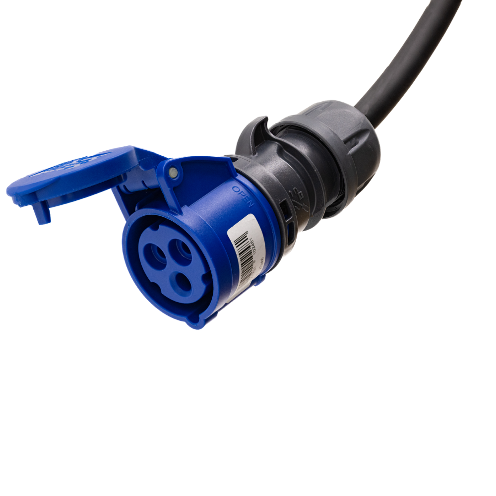 Câble adaptateur type 2 (côté station de charge) vers prise CEE bleue 32A à 3 pôles