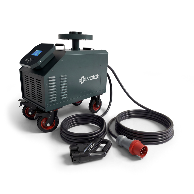 Mobile fast charging unit shown with its DC output cable and three phase power lead