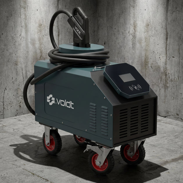 Voldt® portable DC fast charger with digital display on a concrete floor