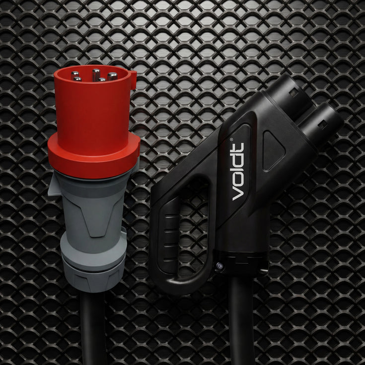 Red CEE industrial plug and CCS2 connector of a portable DC fast charger