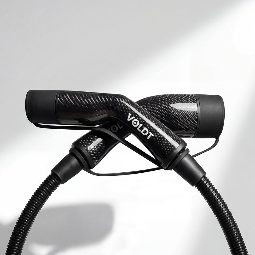 Studio shot of the black carbon fibre Voldt Type 2 EV charging cable and its connectors
