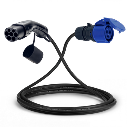 Câble adaptateur type 2 (côté station de charge) vers prise 16A CEE bleue 3 pôles 