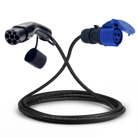 Câble adaptateur type 2 (côté station de charge) vers prise 16A CEE bleue 3 pôles 