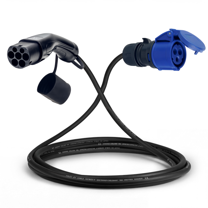Câble adaptateur type 2 (côté station de charge) vers prise 16A CEE bleue 3 pôles 