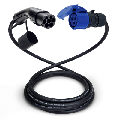 Câble adaptateur type 2 (côté station de charge) vers prise CEE bleue 32A à 3 pôles