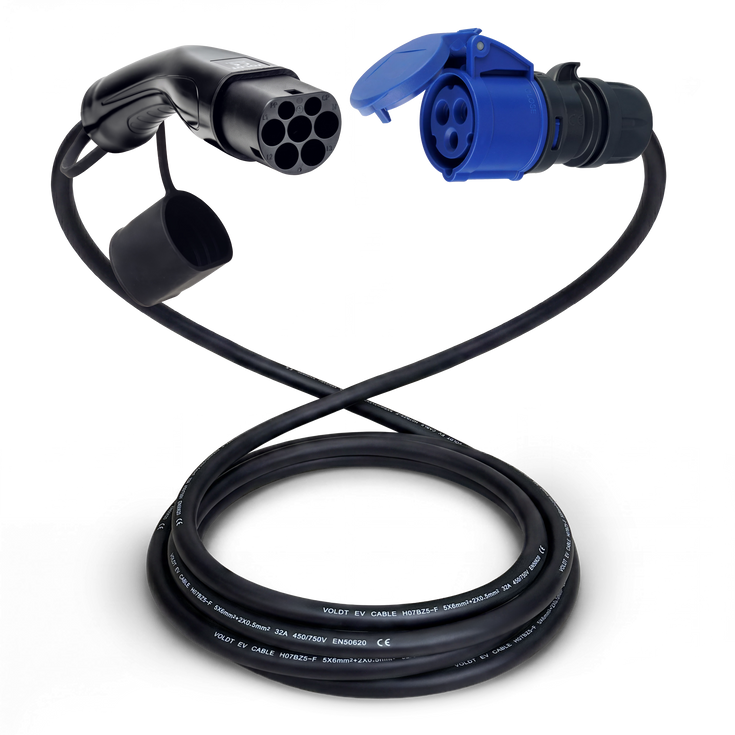 Câble adaptateur type 2 (côté station de charge) vers prise CEE bleue 32A à 3 pôles