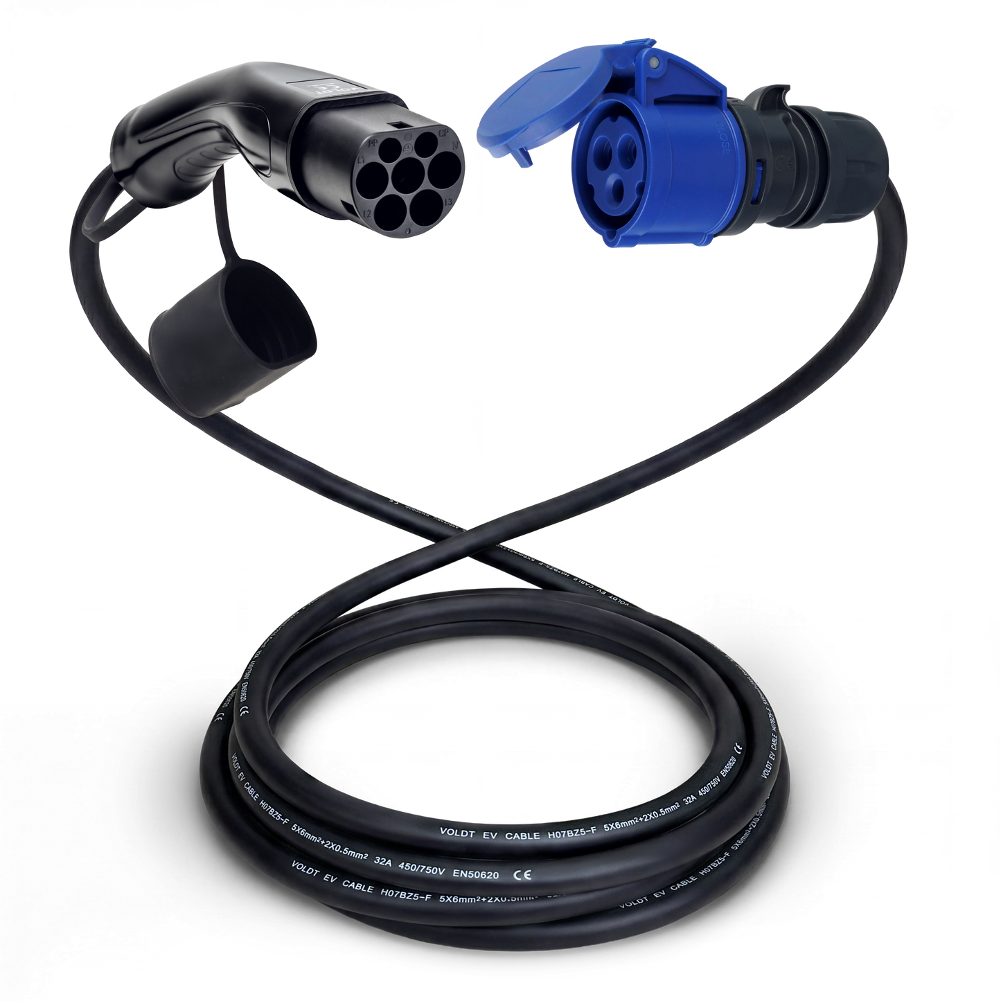 Câble adaptateur type 2 (côté station de charge) vers prise CEE bleue 32A à 3 pôles