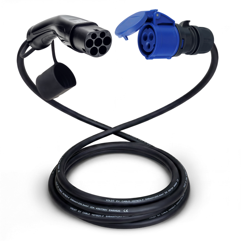 Câble adaptateur type 2 (côté station de charge) vers prise CEE bleue 32A à 3 pôles